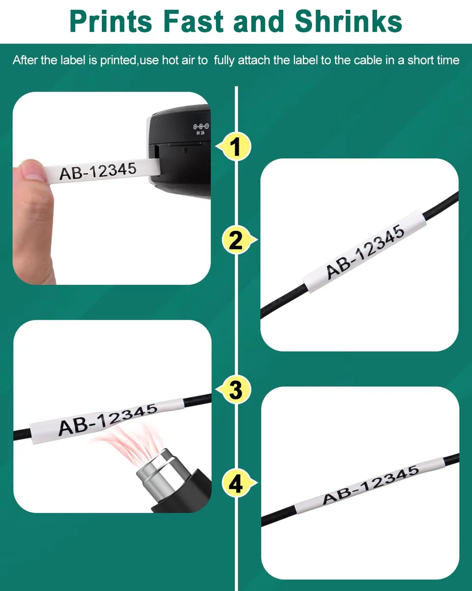 NineLeaf 10 Stück kompatibel für DYMO 18053 Industrielles Etikettenband für Schrumpfschlauch, 9 mm x 1,5 m, Schwarz auf Weiß für Rhino 1000 3000 4200 5000 5200 6000