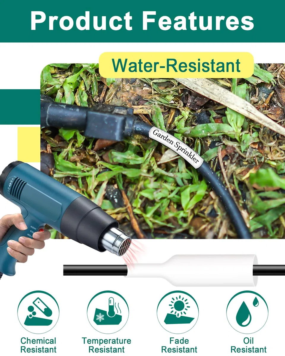 NineLeaf 10 Stück kompatibel für DYMO 18053 Industrielles Etikettenband für Schrumpfschlauch, 9 mm x 1,5 m, Schwarz auf Weiß für Rhino 1000 3000 4200 5000 5200 6000