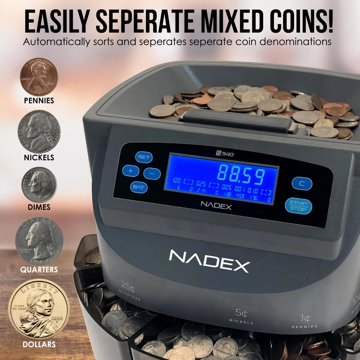Nadex S540 Münzensortierer und Münzrolle für Münzen, Anzeige von Münzwert und Münzmenge während der Zählung