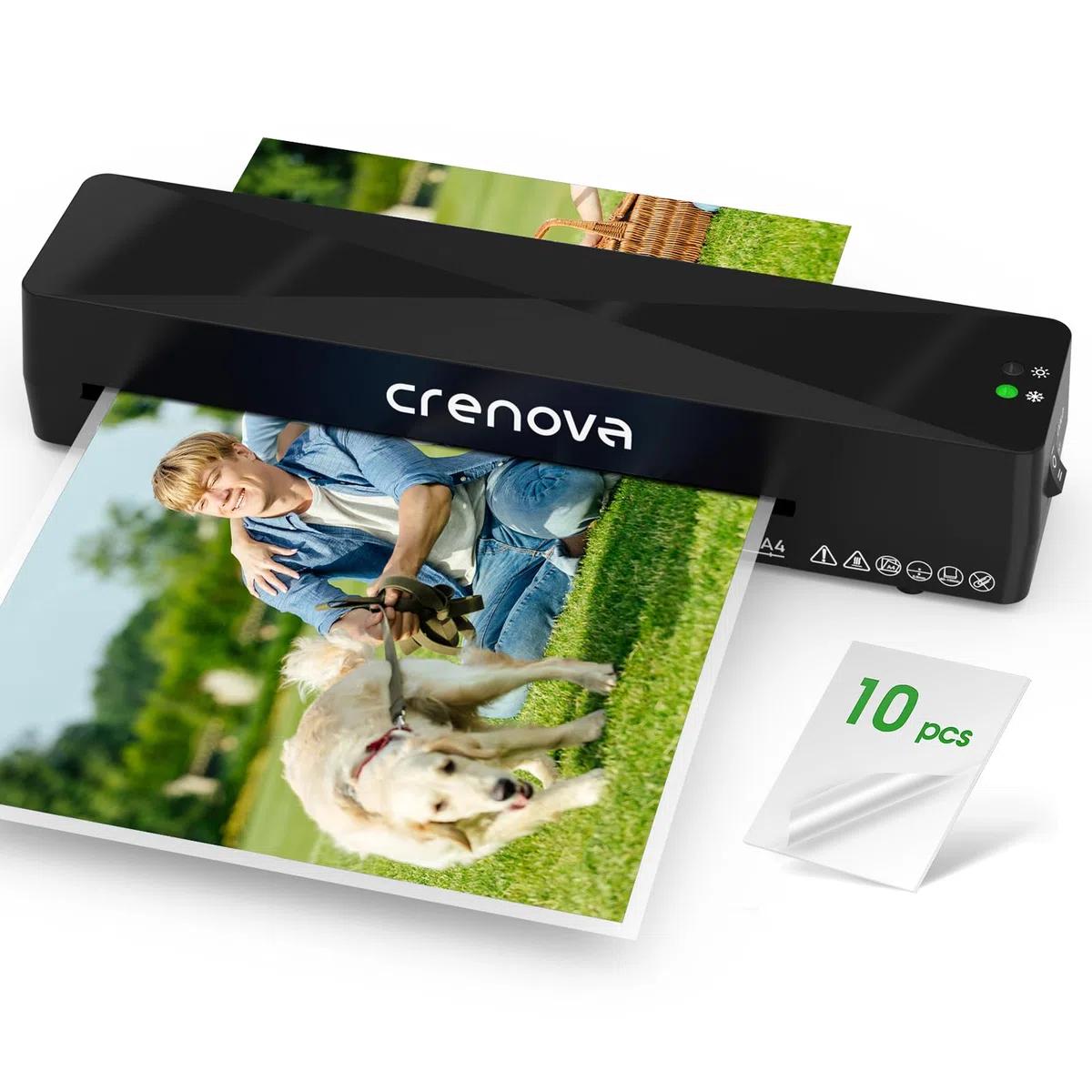 Crenova Laminiergerät mit 10 Laminierfolien, A4 Warm und Kalt mit Fast Warm Technologie, 22,9 cm Thermo-Laminiergerät für Zuhause, Büro, Schule, Arbeit, Schwarz