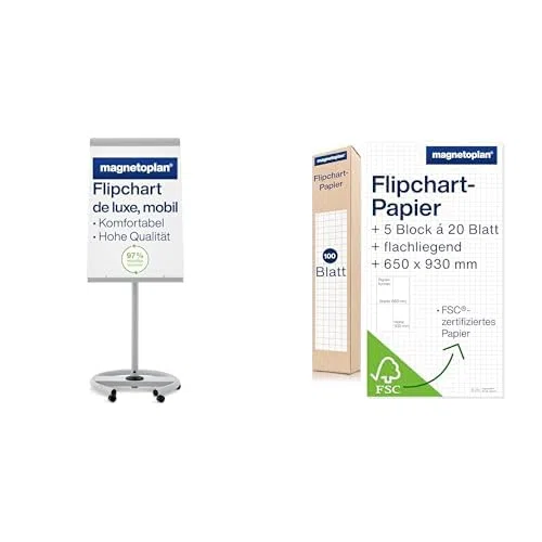 magnetoplan Flipchart De Luxe, mobil | BxH 680x970mm plus 1227101 Flipchart-Papier | Höhenverstellbar bis 2,20 m | 2 Seitenarme für 3-fache Präsentationsfläche | Vollstahlkonstruktion Weiß/Lichtgrau
