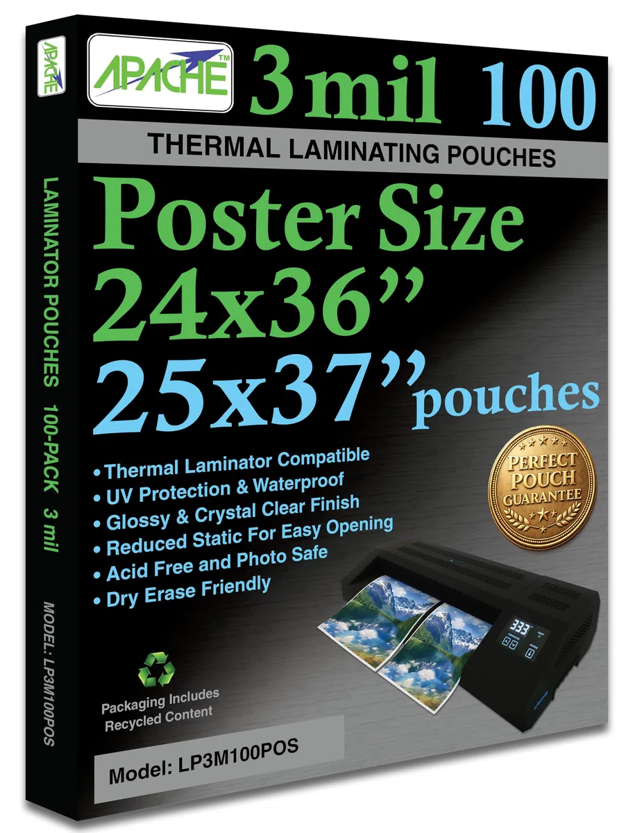 Apache Laminierfolien in Postergröße, 3 mm, 100 Stück, für 61 x 91 cm Projekte (63,5 x 94,4 cm Beutelgröße), Thermo-Laminier-kompatible Laminierblätter, super klar, runde Ecken