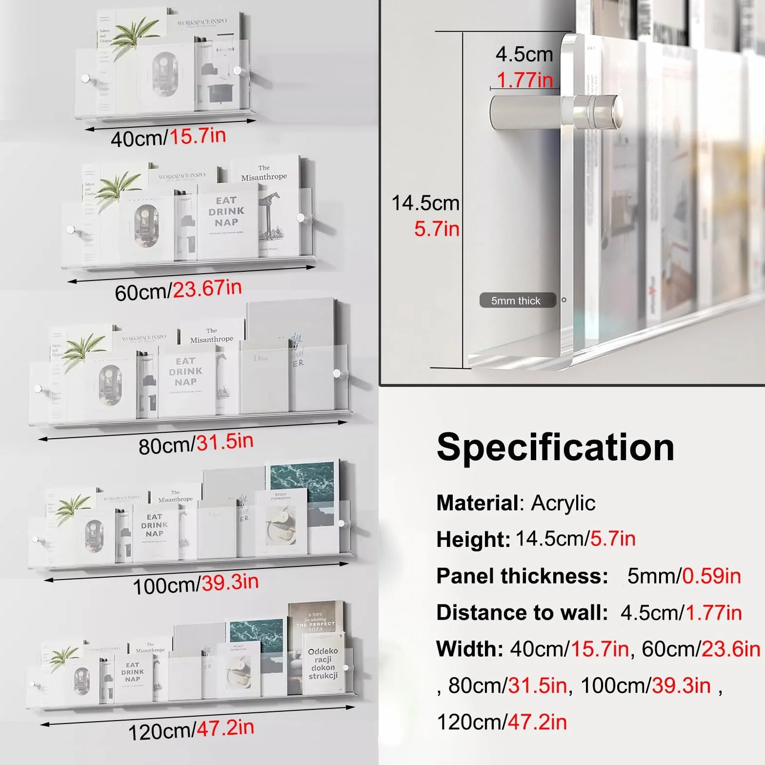 2Er-Pack Schwebende Acryl-Prospekthalter, Wandmontierter Zeitschriftenständer Für Homeoffice, Wartezimmer/Empfangsbereich/Lounge/Schönheitssalon, Transparenter Prospektst-Green-L 60cm/23.6in