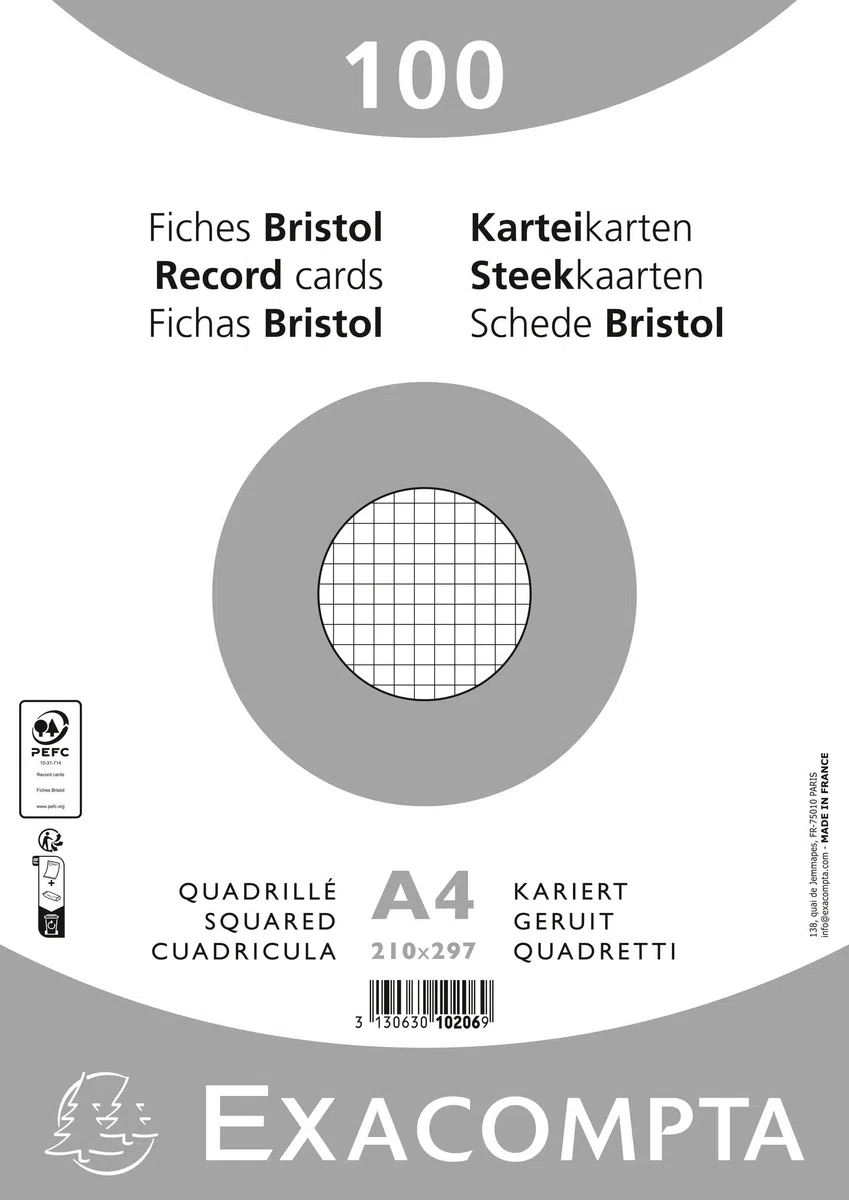 Exacompta 10 Packungen 100 Karteikarten 5x5 in Folie 210 x 297 mm Weiß