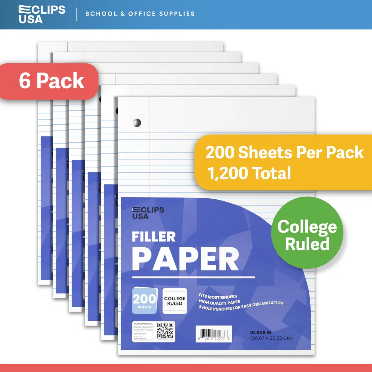 Notizbuchpapier, College-Papier, liniert, lose Blätter, 6 Stück, Füllpapier, 26,7 x 20,3 cm, Füllpapier, 200 Blatt pro Packung, 60 g/m² (6 Stück)