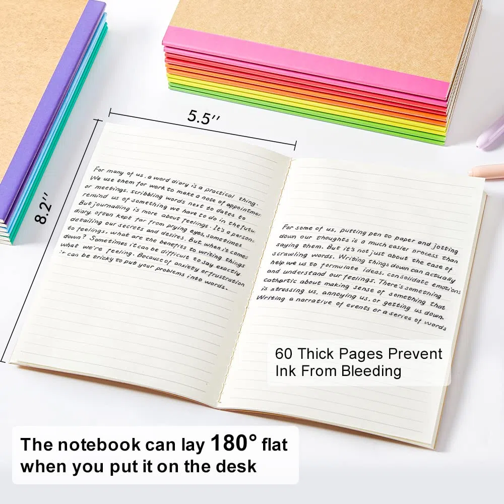 feela Kompositions-Notizbücher, liniert, blanko, College-Reisetagebücher mit Regenbogenrücken, für Frauen, Studenten, Geschäft, 60 Seiten, 21,1 x 14 cm, A5, 8 Farben, 96 Stück