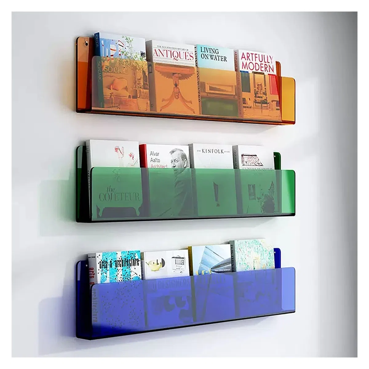 Mehrfarbiger Zeitschriftenhalter, Prospekthalter, Wandhalterung, 3er-Pack, hängendes Bücherregal, Zeitschriftenständer, Literatur-Aufbewahrungsregal, schwebende Wandregale, Kinderbuch-Ausstellung