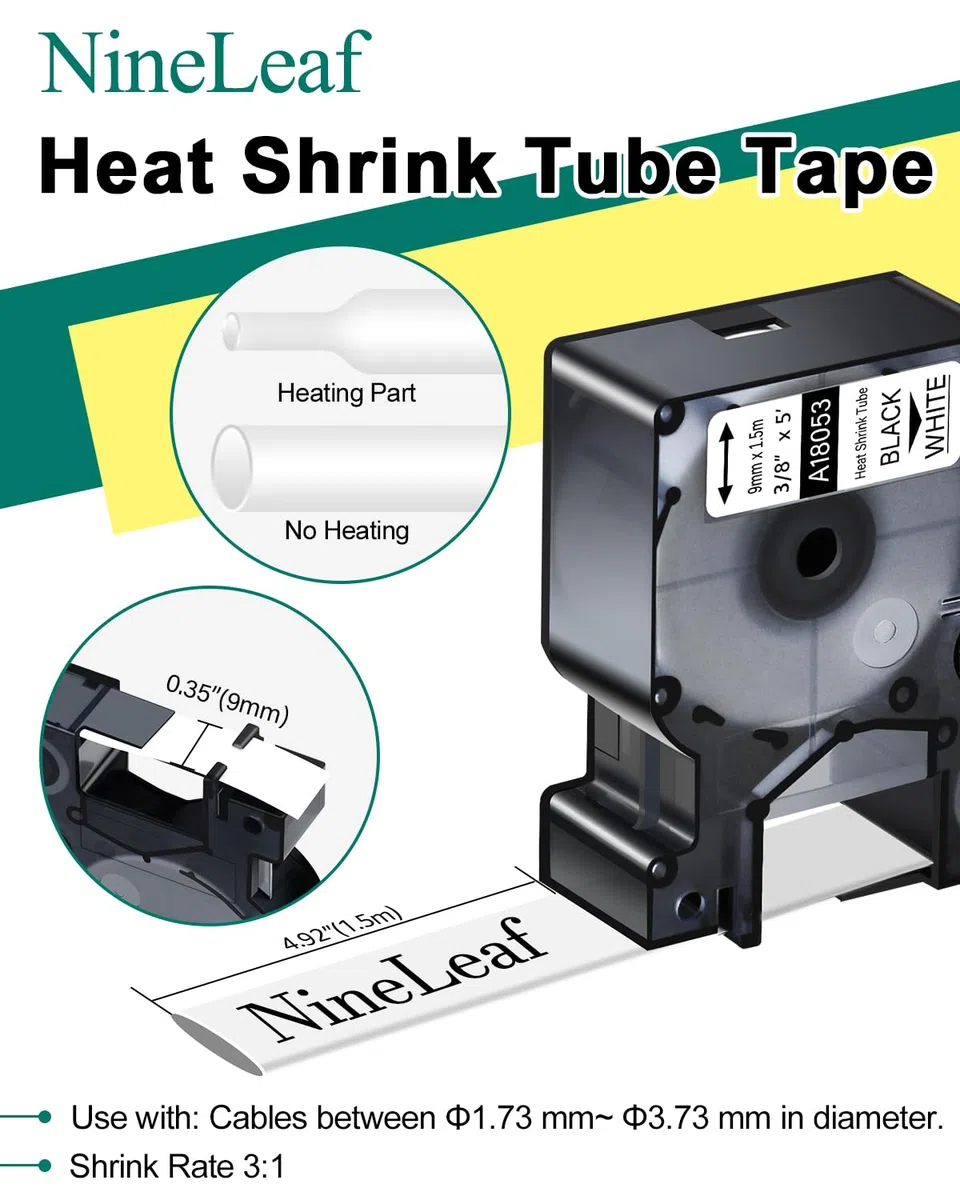 NineLeaf 10 Stück kompatibel für DYMO 18053 Industrielles Etikettenband für Schrumpfschlauch, 9 mm x 1,5 m, Schwarz auf Weiß für Rhino 1000 3000 4200 5000 5200 6000