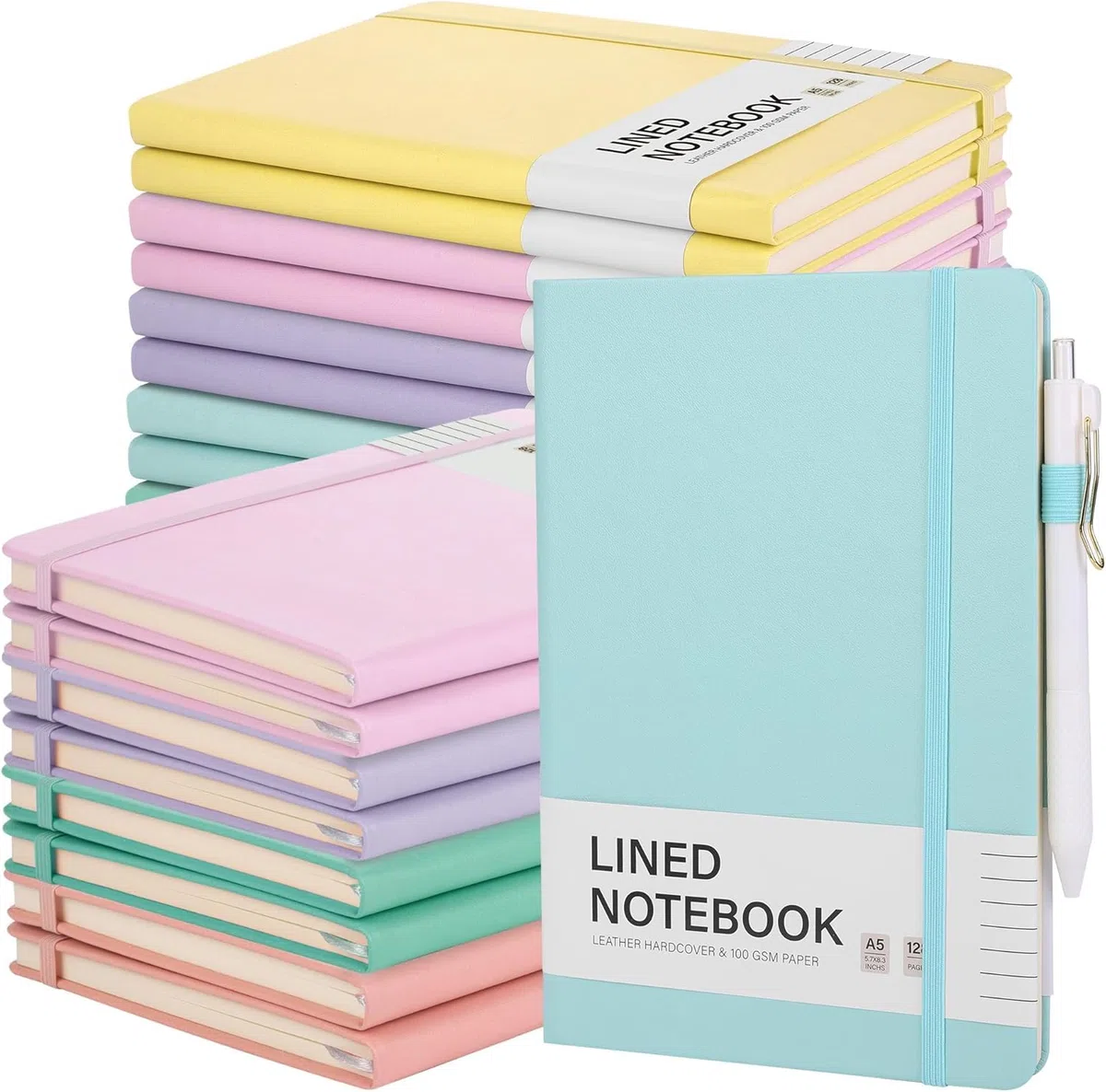Aodaer 30 linierte Notizbücher mit Stiften, A5-Notizbücher, 100 g/m², College, liniert, Hardcover, PU-Leder, Notizblock mit Stifthalter, für Büro, Schule, 14 x 21 cm, Helles Mehrfarbig